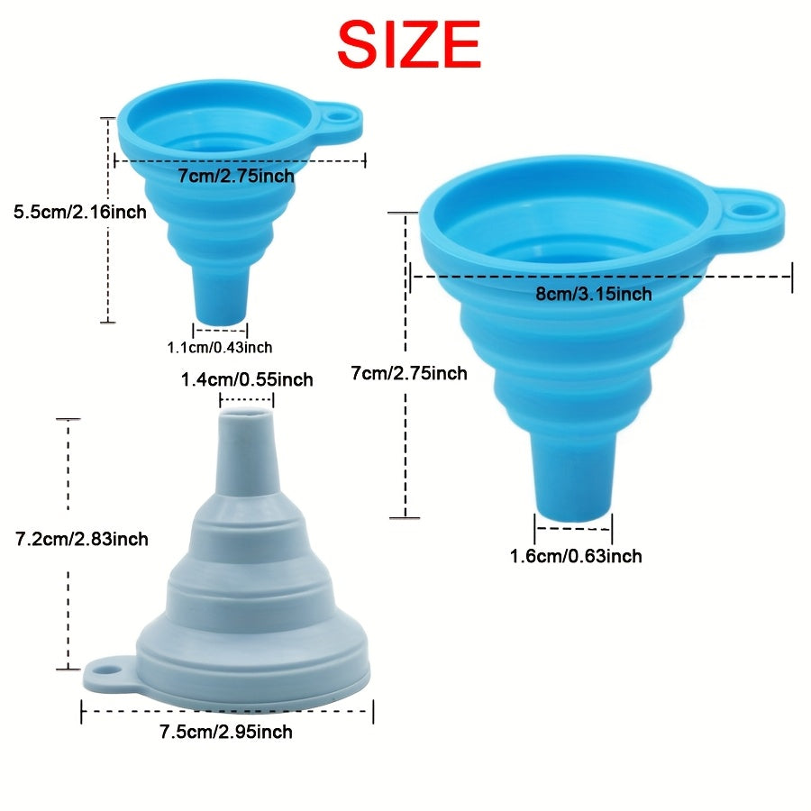 3-Piece Silicone Funnel Set for Cars – Suitable for Various Liquids Such as Car Wash Soap & Motor Oil. These Foldable & Portable Funnels Also Work in the Kitchen – A Convenient Tool for Liquid Dispensing.