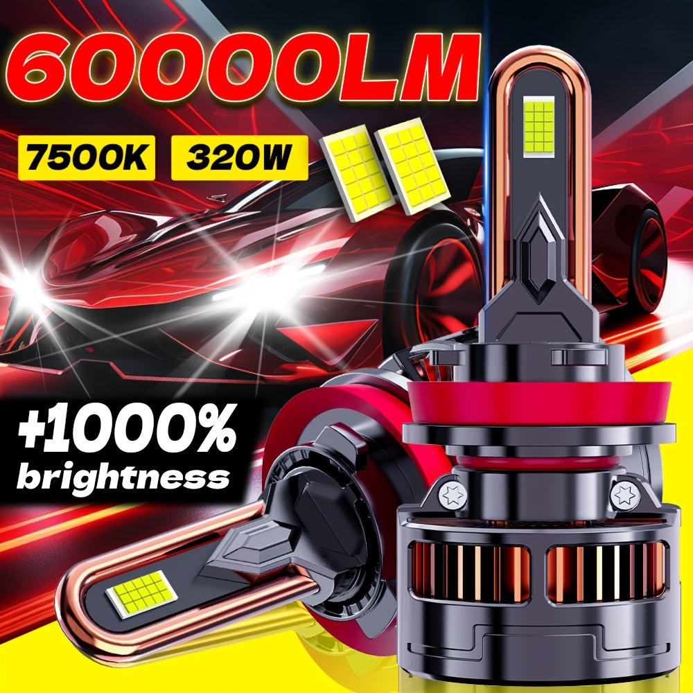 2-Pack H11 Car LED Headlights | 60000Lm, H4/9003/Hb2 H7 H11/H9/H8 H1.9570 Csp Chip, 7500K, 320W, Canbus, 9005/Hb3 9006/H, No Battery Included