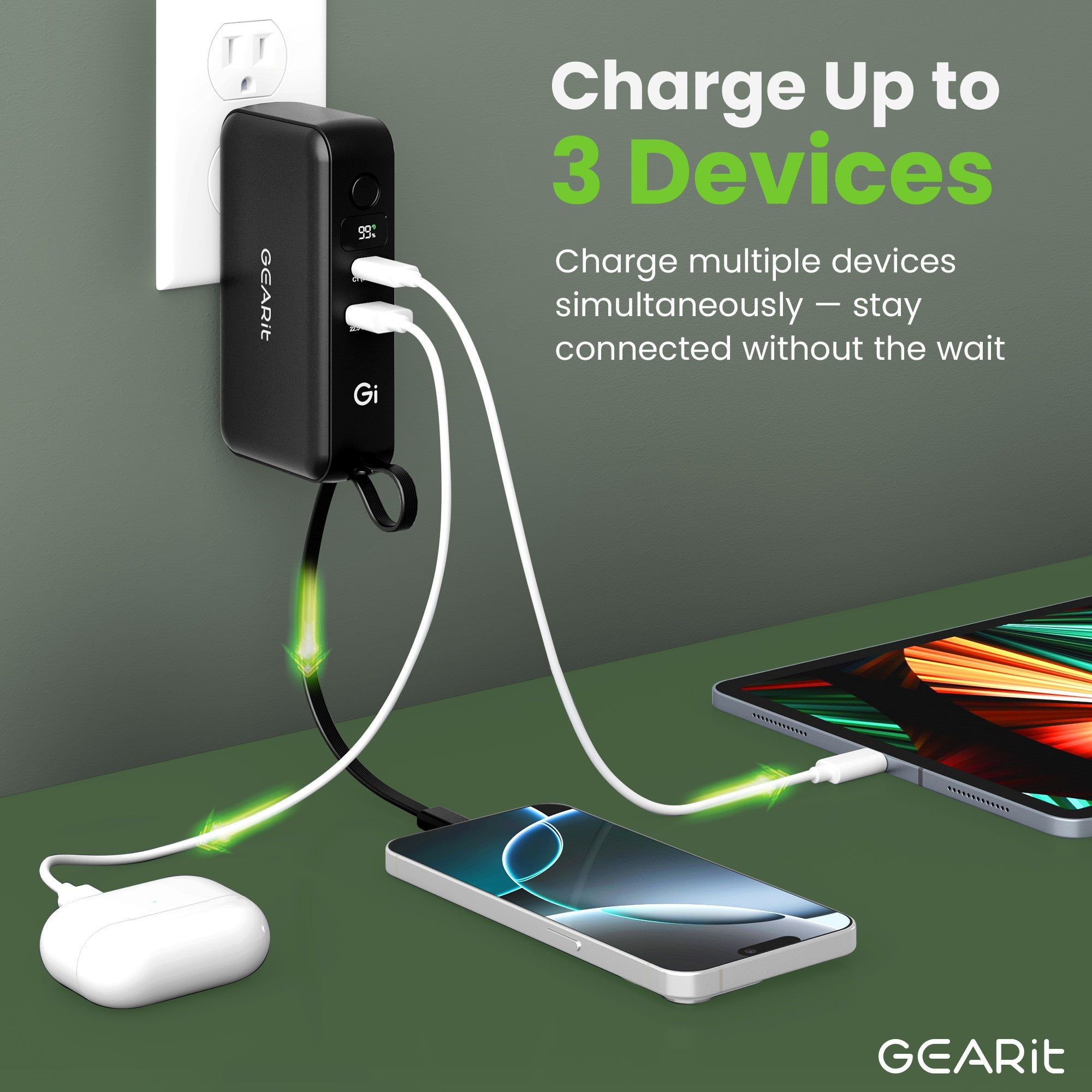 GEARit 三合一65W氮化鎵充電器，內建USB-C線10000毫安時移動電源