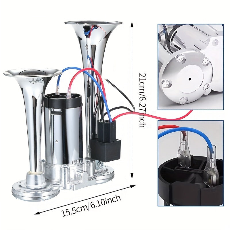 Large Truck Horn 12V High-Low Heavy Bass Super Loud Train Sound Boat Sound Air Horn Marine Dual Trumpet Horn with Built-in Air Compressor, Suitable for Ships, Cars, Trucks, Jeeps and Other 12V Vehicles