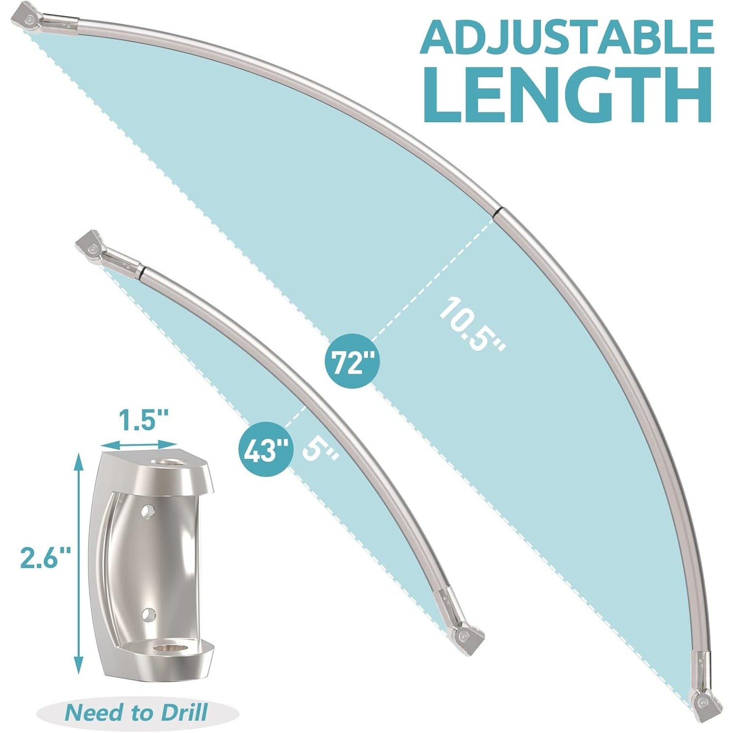 Curved Arched Shower Curtain Rod 43-72 Inch Adjustable - Rustproof Aluminum Round Shower Rod for Bathroom, Bathtub & Shower - Elegant Brushed Nickel Finish