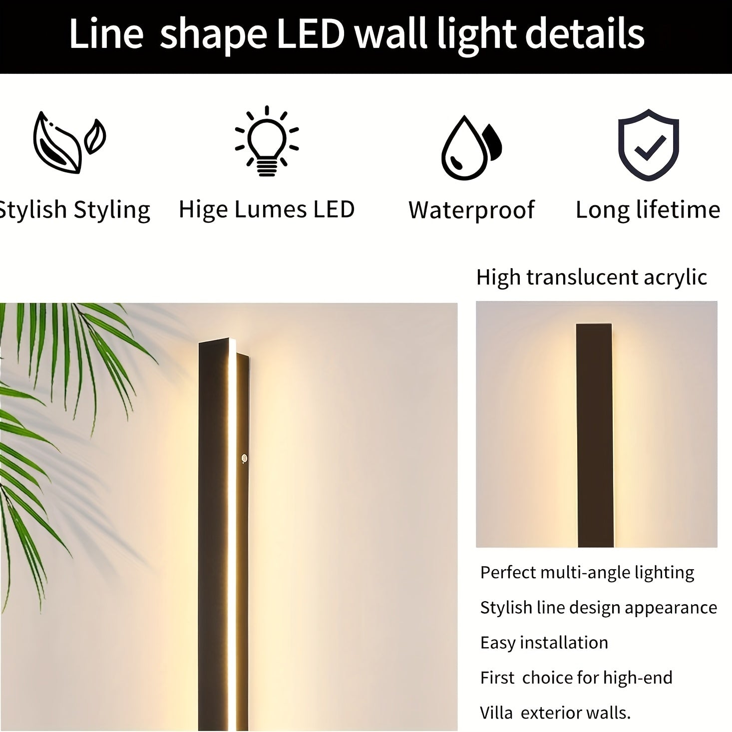 Modern Outdoor Wall Light, LED 3000K-6000K Dimmable Long Wall Light, IP65 Waterproof Exterior Fixture, Minimalist Style Wall Light, Suitable for Garage, Residential Hallway, with Remote Control