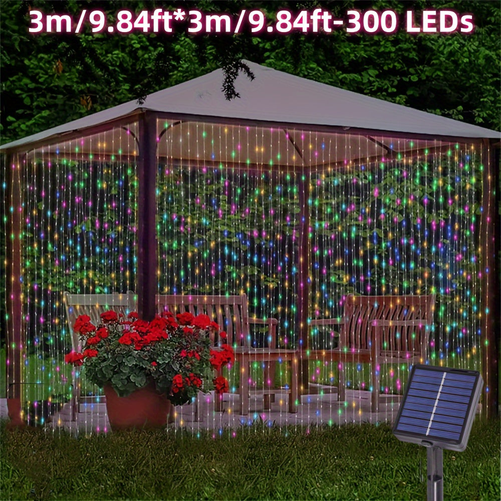 1件，100/200/300 LED太阳能户外窗帘串灯，8种照明模式铜线童话灯，圣诞装饰灯，非常适合婚礼派对，阳台，露台，花园装饰（多色/暖白色/白色）