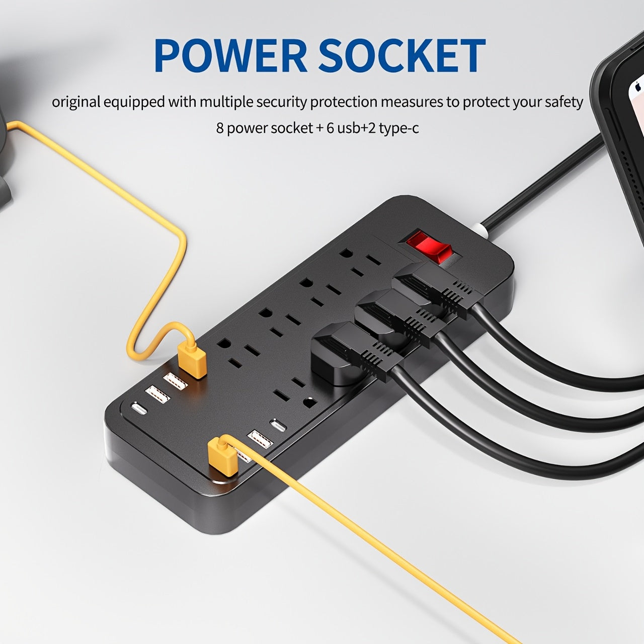 0.26Ft And 5.9Ft 16-In-1 Power Outlet with Surge Protection And Multiple Outlet Extension Cords with 8AC Outlets, 6 USB Ports And 2 Type-C Ports On/Off Control Buttons. Available in Black And White. Ideal for Offices, Kitchens