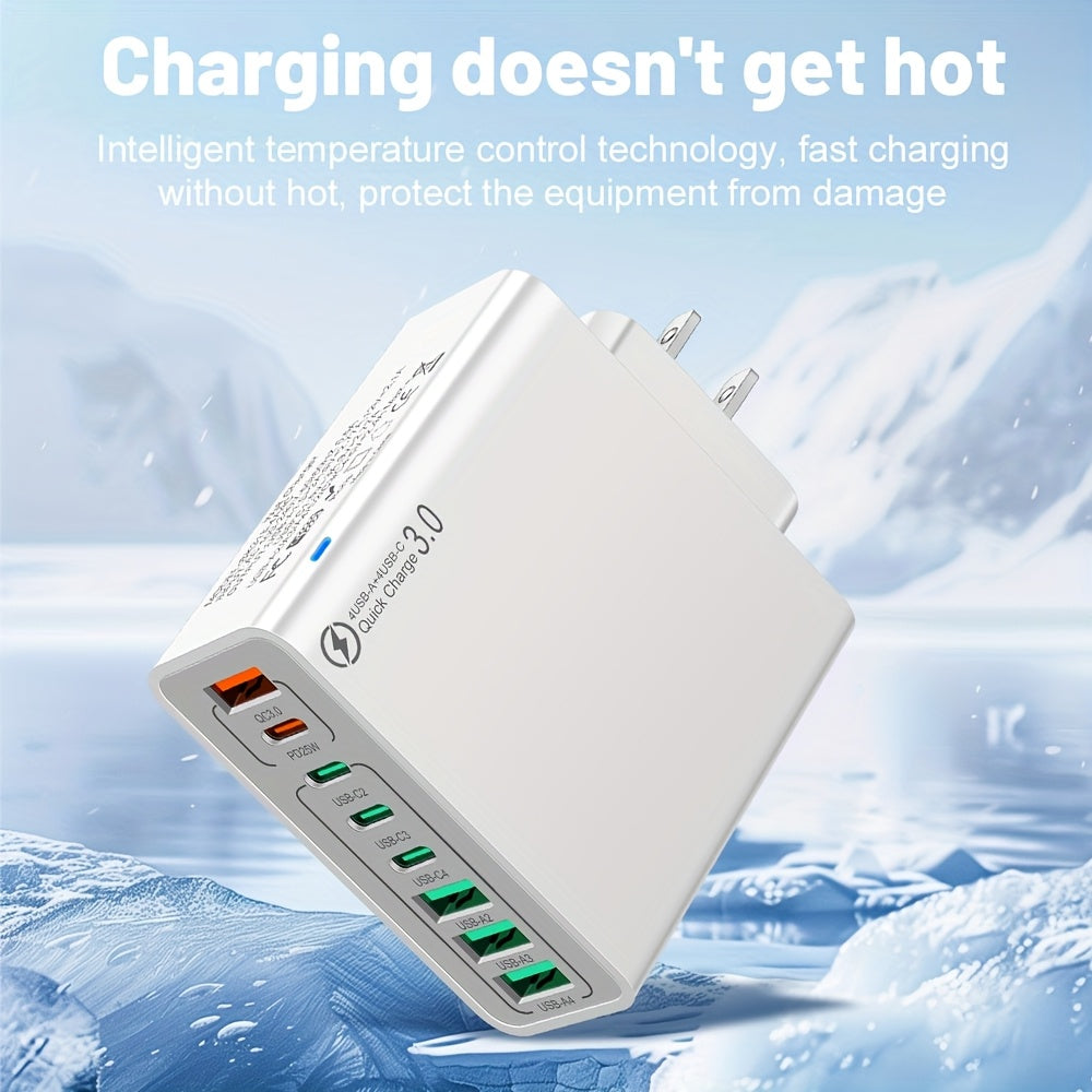 8-Port PD+QC 3.0 Fast Charger Set with Usb/Type-C, Including a Type-C to Type-C Cable. This High-Performance Charging Station Is a Reliable Power Adapter for Home Users And Workspace Additions