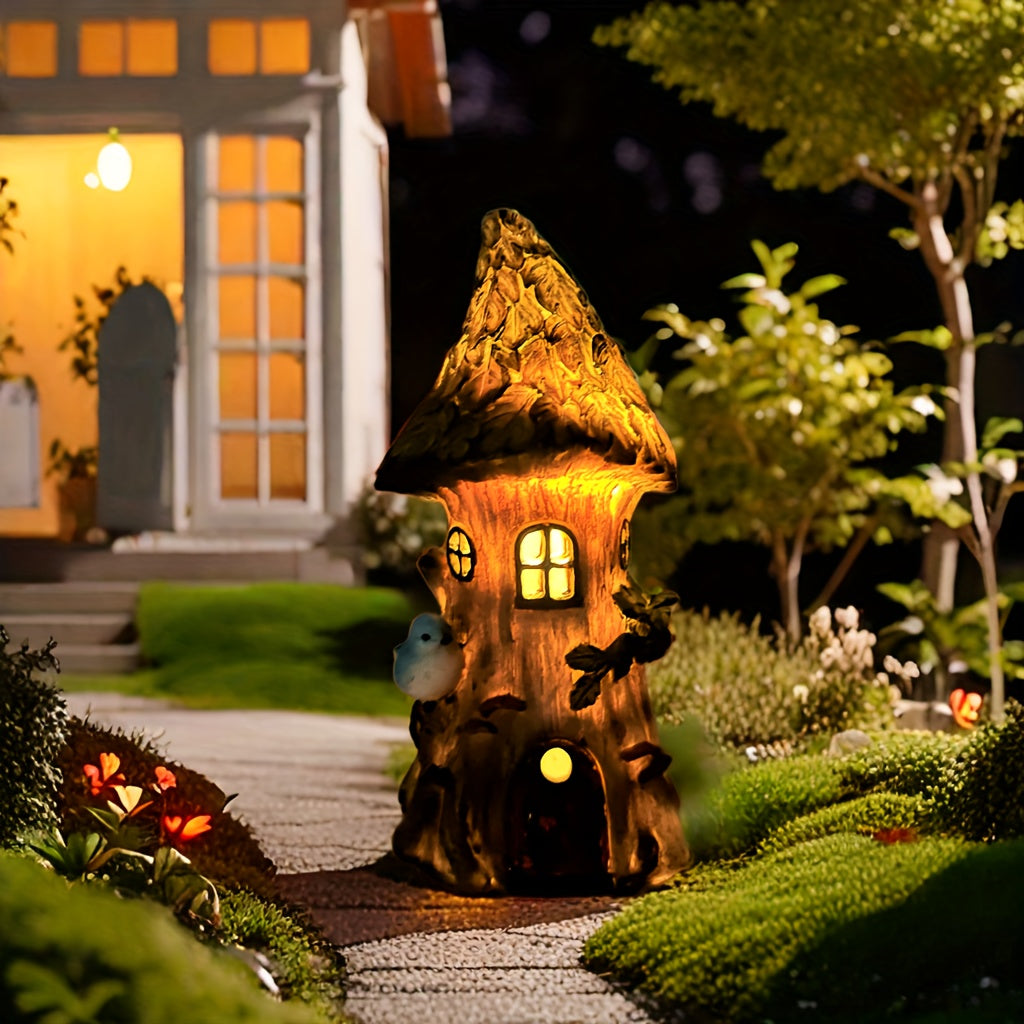 Resin Craft Solar Light, Bird Tree House Statue Ornament, Suitable for Garden, Courtyard, Lawn, Pond, Balcony, Windowsill, Tabletop, Holiday Decoration, Gift for Friends