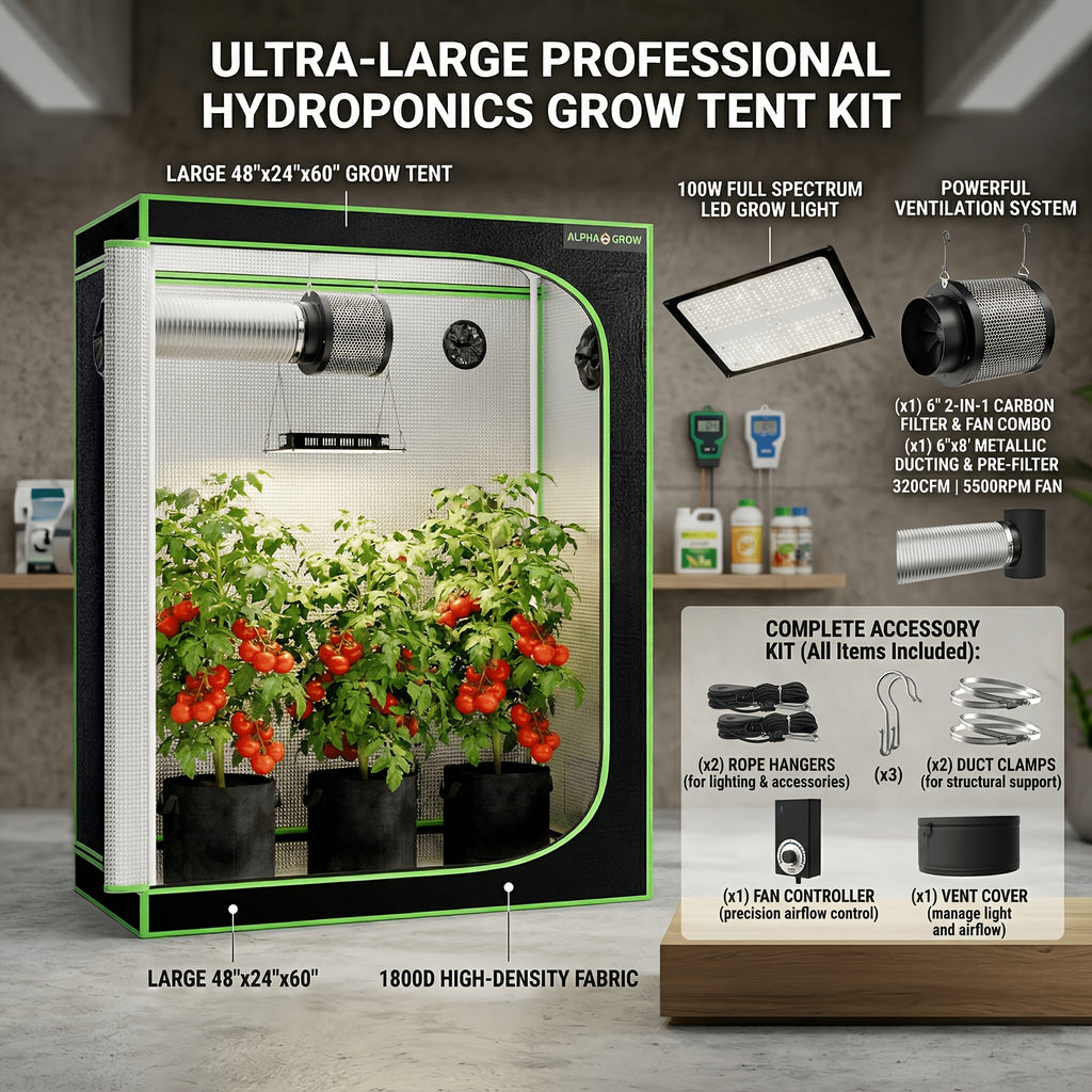 Professional 1800D 4x2 Grow Tent Kit 48"x24"x60", Complete Hydroponic System for Indoor Plants, 100W Full Spectrum LED Grow Light, 320CFM 6 Inch 2-in-1 Fan & Carbon Filter Combo 2398196504, High Reflective Mylar Lining