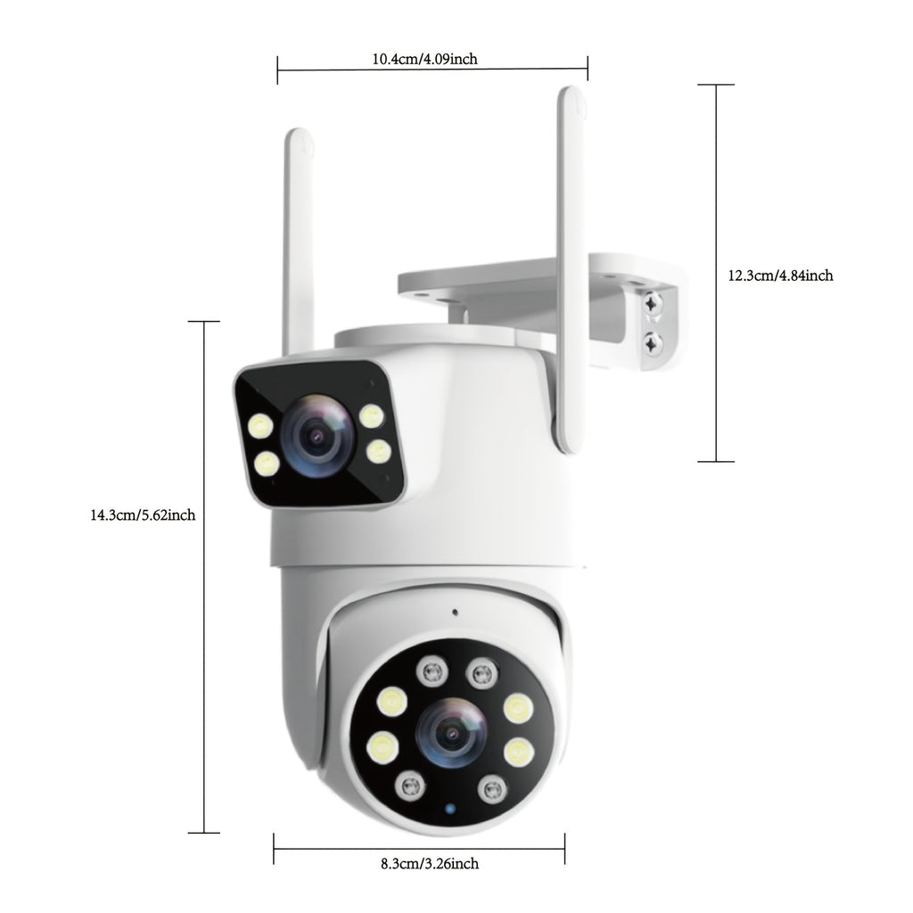 IP66 双镜头户外 WiFi 安防摄像头 2.4GHz 无线 IP 摄像机 AI 人形追踪 全彩夜视 双向语音 云台旋转 家庭监控