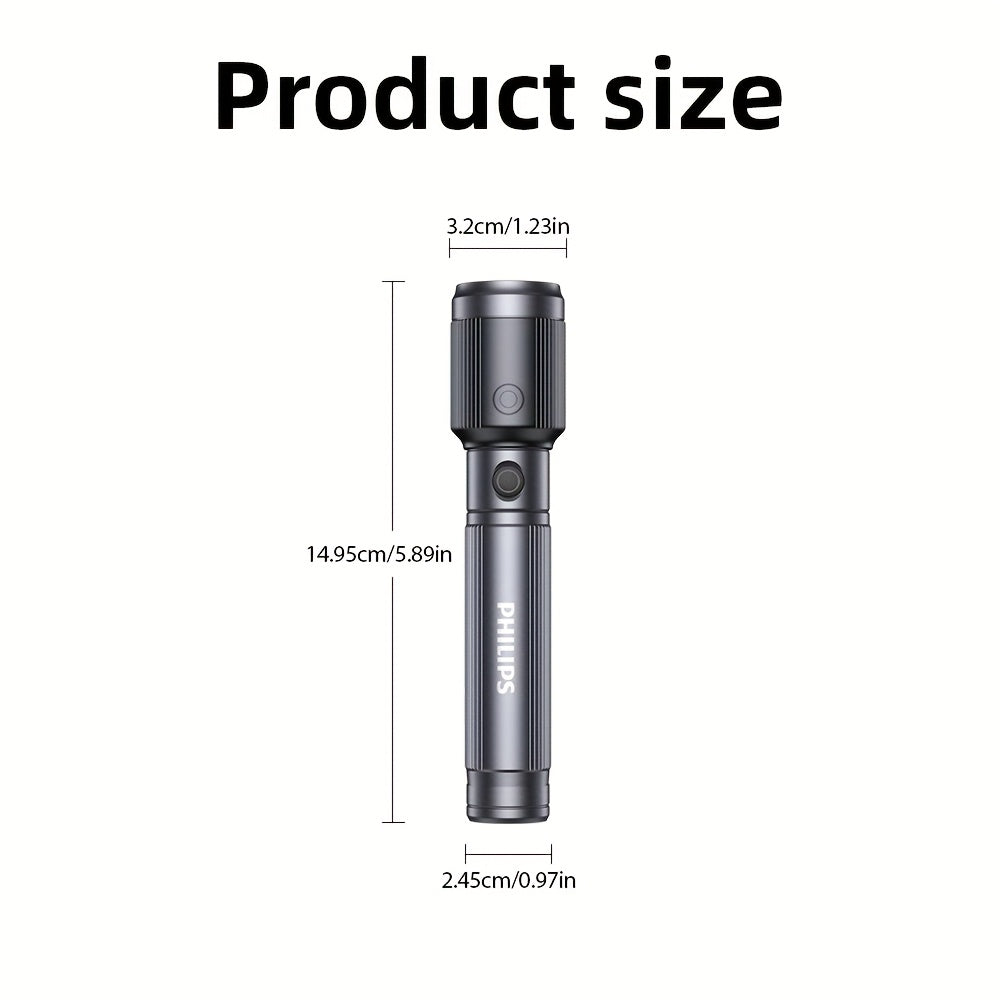 Philips Adjustable Focus Rechargeable Flashlight: Portable & Multifunctional with Telescopic Design. Equipped with a large-capacity lithium battery, rechargeable, long-distance lighting