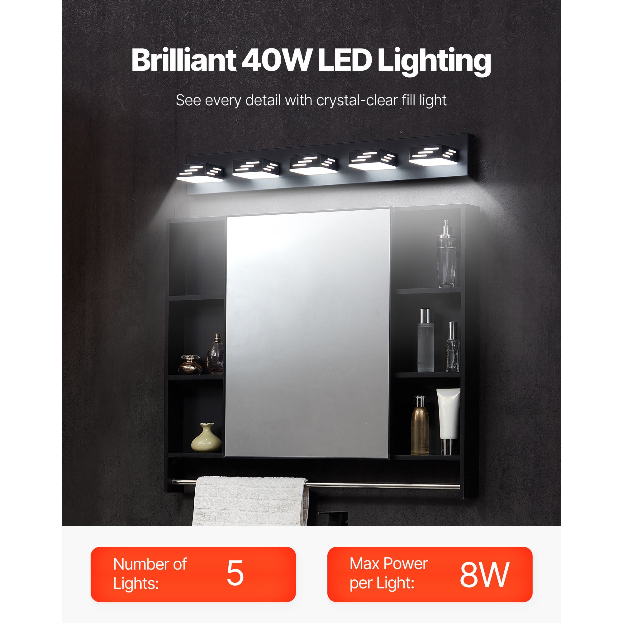 VEVOR 3/4/5/6-Light LED Modern Bathroom Wall Lamp 19.69/25.6/33.5/40.2-Inch Wall Light