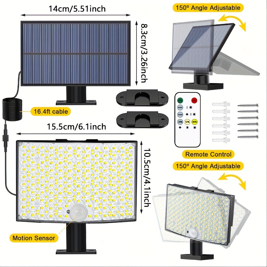 1/2 Pack Solar Outdoor Light, IP65 Solar LED Spotlight with 5 Lighting Modes / 196.85-Inch Cable, 268 LED High-Brightness Security Light with Remote Control, Motion Sensor Floodlight Wall Light with 3 Modes, Perfect for Garden, Courtyard, Pathway