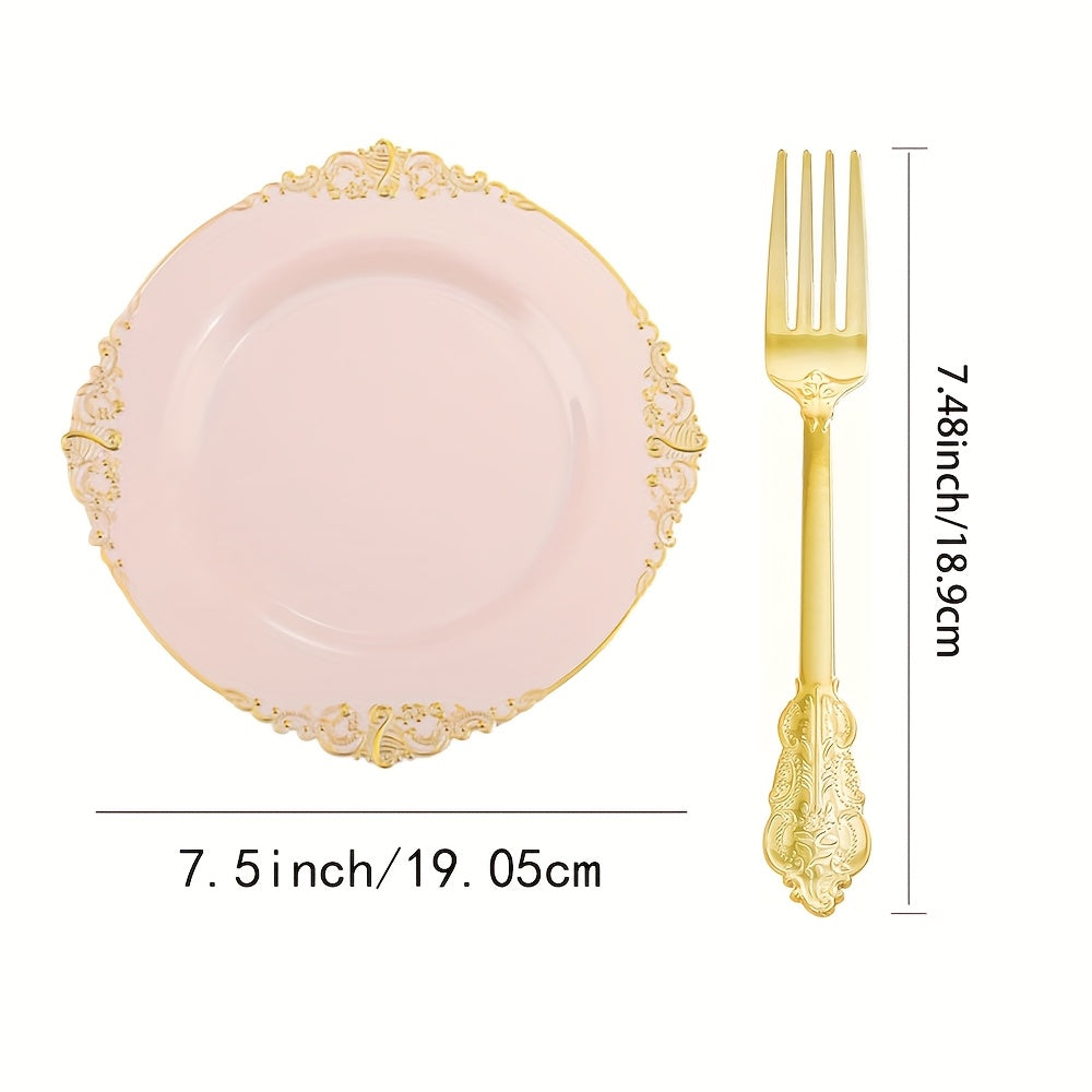 20/60Pcs Pink Vintage Small Plates & Forks Set, Embossed Pattern Edge, Vintage Style, Reusable – Perfect for Wedding Season Dinners, Birthday Balls, Tea Parties, Guest Reception, New Year & Christmas Celebrations