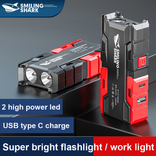 1pc Smiling Shark Flat LED Flashlight with Power Bank, Rechargeable Spotlight Flash Light Combines Double LED Light, Small Torch Light, Portable ABS Torchlight, USB Type-C Flashlights with Li-ion Battery for Camping, Outdoor Emergency