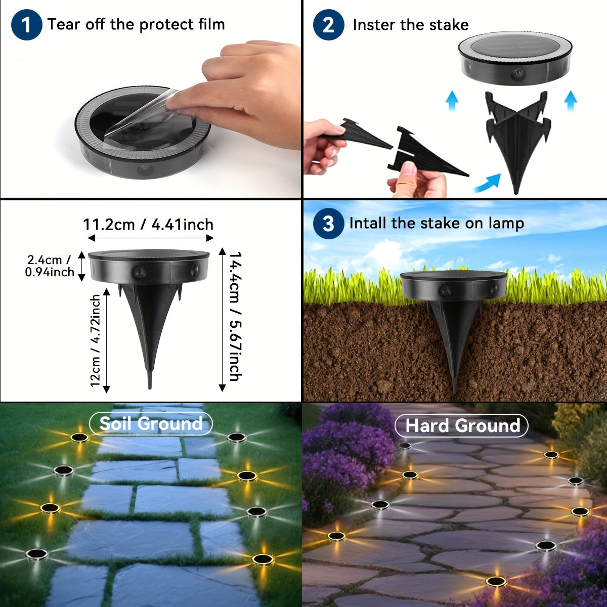 4-Piece 6LED Solar Ground Light, Garden Ground Deck Light, Suitable for Path, Park, Courtyard, Lawn, Villa, Halloween Christmas Party Decorative Lighting, Light Sensor Control, Outdoor IP44 Durable Warm White