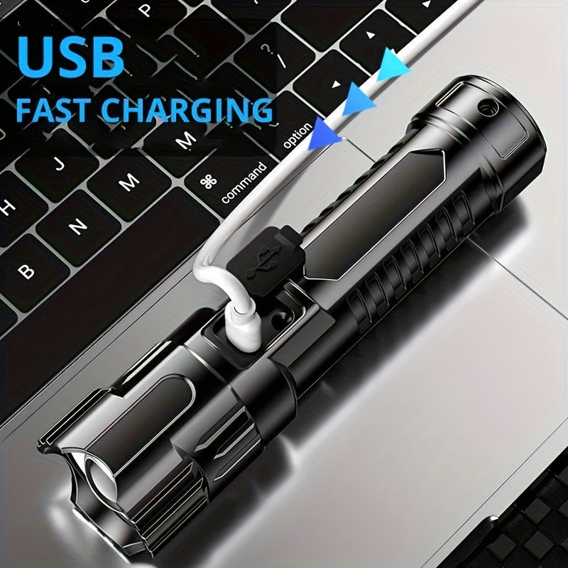 1Pc LED Super Bright Flashlight, High Lumen Tactical Flashlight, 3 Adjustable Modes with Zoom Function, Portable Camping Torch, Built-in Lithium Battery, IP44 Protection Rating, Ideal for Outdoor Hiking and Home Emergency