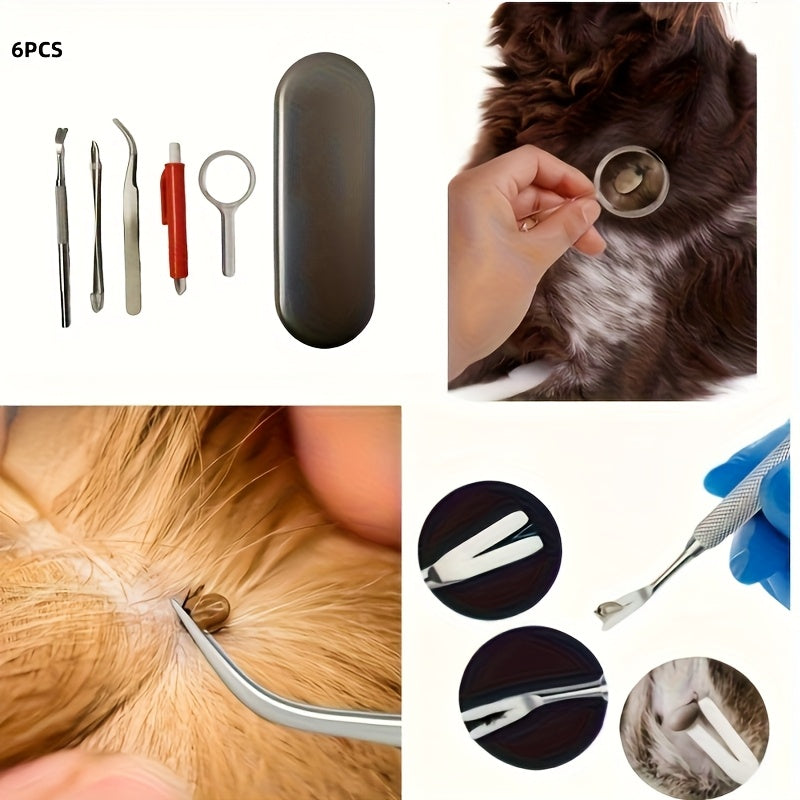 6pcs||更环保更安全|带放大镜 |适合抓取小虫子|拯救动物|适用于狗、猫、马和人类的除蜱工具 |增强设计|蜱虫抓取器 |铁盒收纳更方便|方便老年人使用
