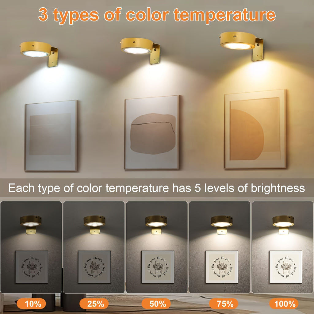 3Pcs Gold Magnetic LED Picture Light, Battery Powered Wireless Wall Lamp, Remote Control Dimmable Timing, 3 Lighting Modes, Art Spotlight for Photo Frame Gallery Decoration