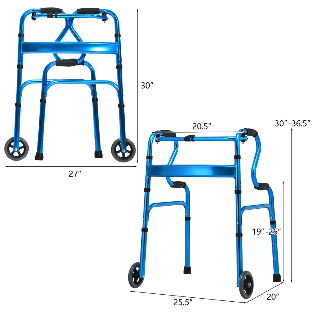 GIANTEX 重型折叠助行器，铝合金助行器，带单向轮和双层扶手，高度可调助行器，带固定模式和互动模式，便携式医疗助行器，适用于室内和室外