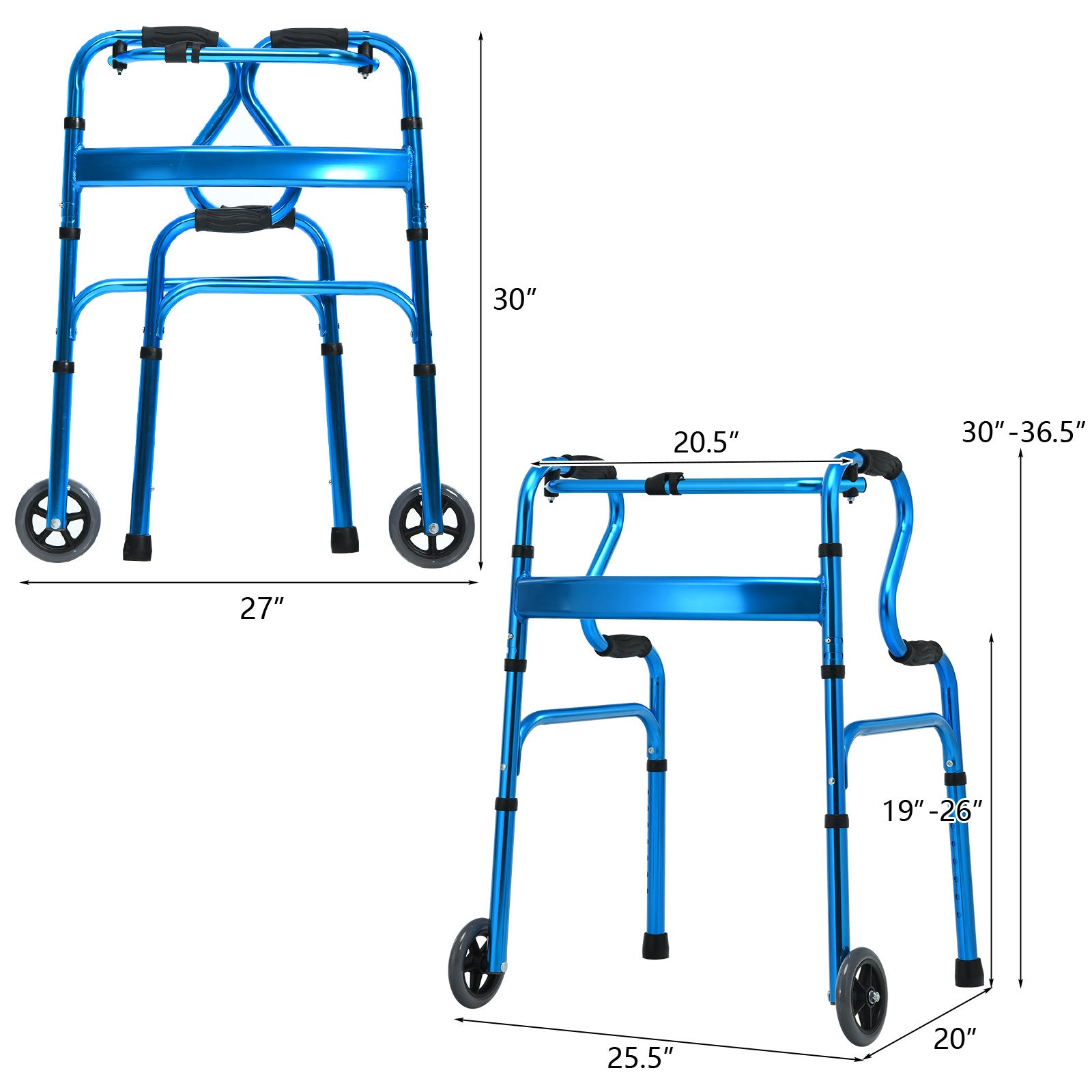 GIANTEX 重型折叠助行器，铝合金助行器，带单向轮和双层扶手，高度可调助行器，带固定模式和互动模式，便携式医疗助行器，适用于室内和室外
