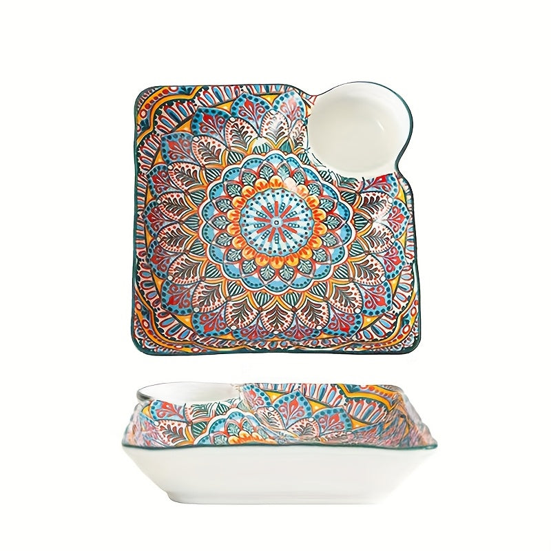 NTKOW 1 Set of 4 Bohemian Style Art Ceramic Dinner Plates – 8-Inch Multi-Purpose Steaming & Serving Bun Plate – Microwave Safe, Beautiful Hand-Painted Design – Suitable for Home & Commercial Use, Easy to Clean