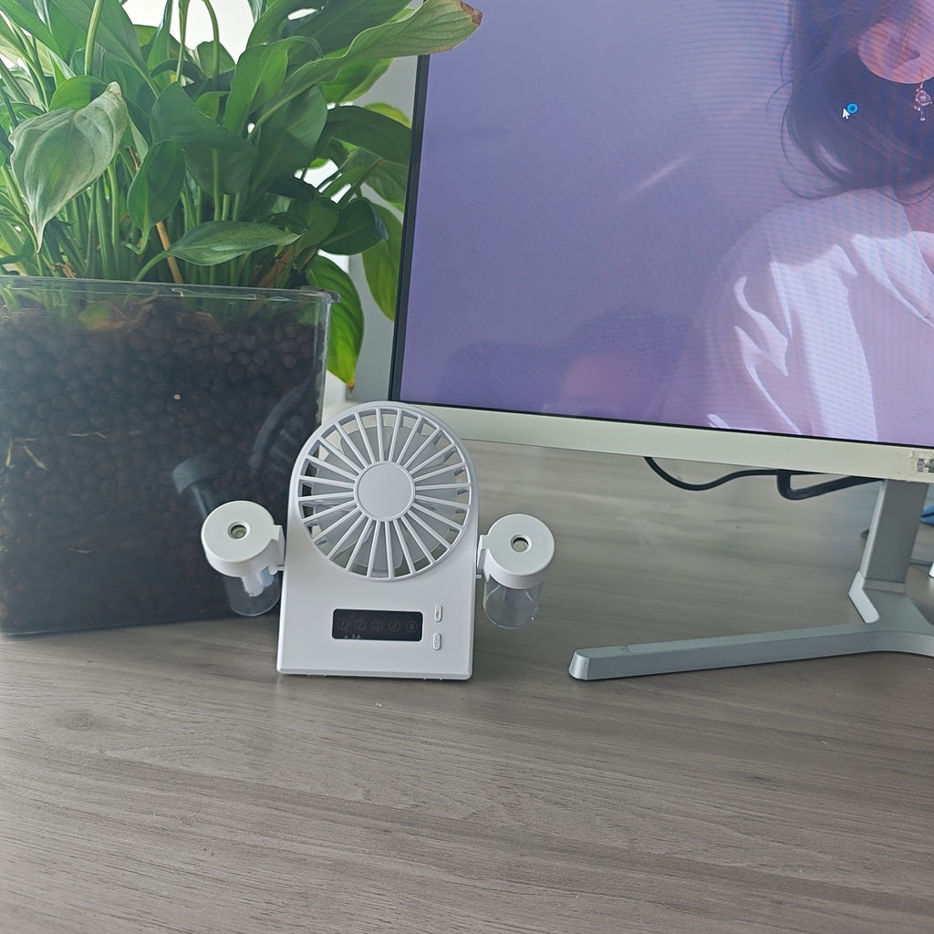 2025 New Dual-Nozzle Double Mist Spray Fan, Mist & Hydration Fan, Multi-Functional Spray Fan for Office Dorm Students, 1200mAh