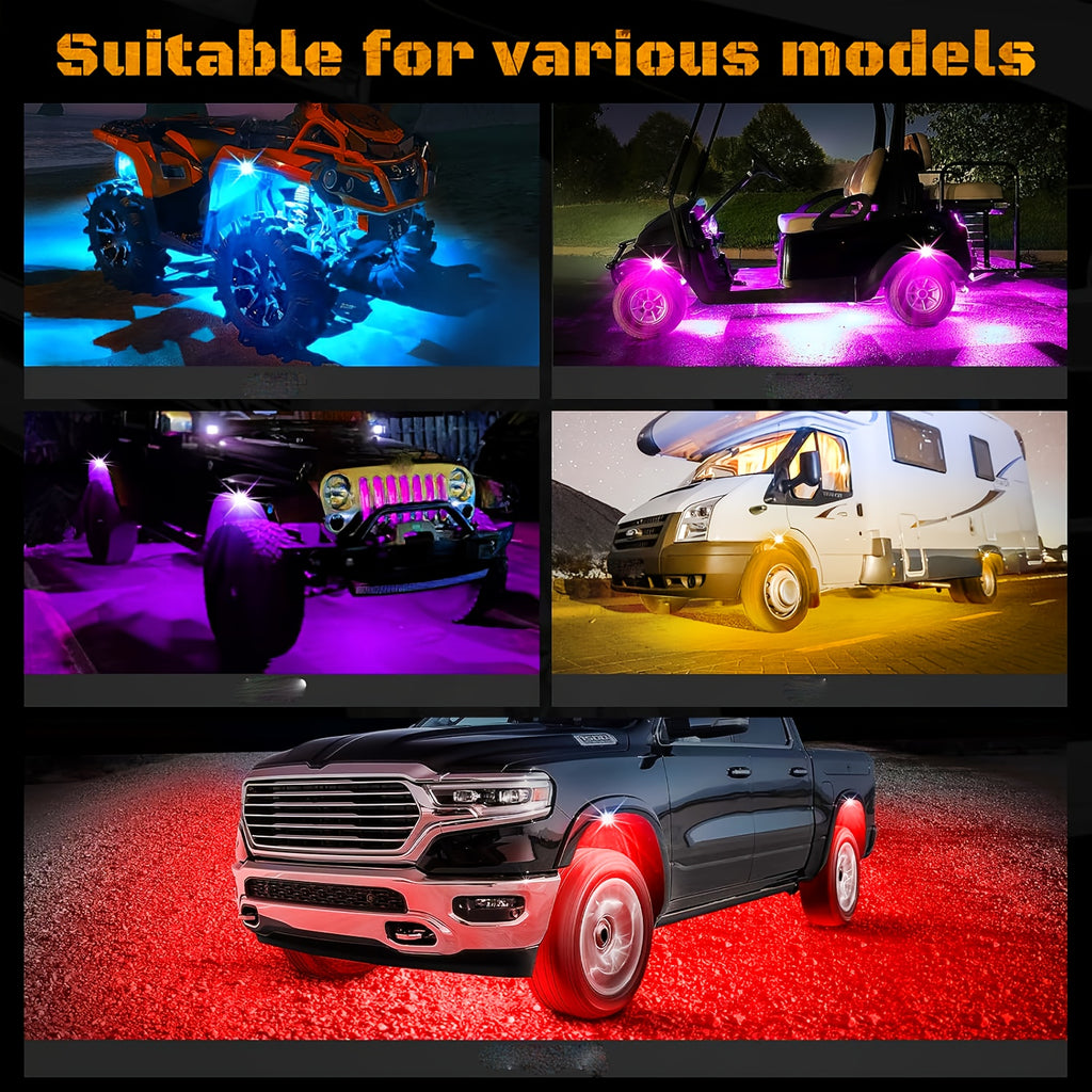 Truck Rock Lights RGB LED Rock Light Kit, Dream RGB Colorful Car Chassis Decorative Light, Multi-Color Changing Tire Light, Footwell Neon Light Kit, Perfect for Pickup Off-Road RZR SUV ATV UTV Car Ambient Light, Golf Cart Accessories