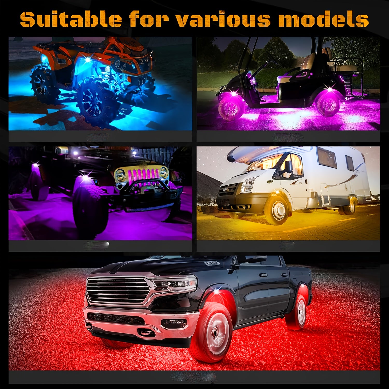 Truck Rock Lights RGB LED Rock Light Kit, Dream RGB Colorful Car Chassis Decorative Light, Multi-Color Changing Tire Light, Footwell Neon Light Kit, Perfect for Pickup Off-Road RZR SUV ATV UTV Car Ambient Light, Golf Cart Accessories