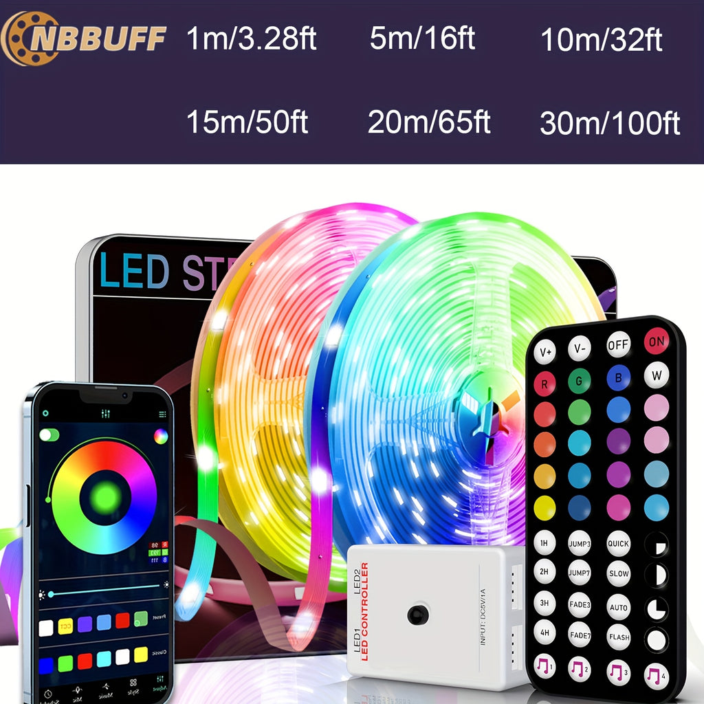 智能LED灯，3.28英尺-100英尺智能APP控制音乐同步变色灯带，带遥控和定时，亮度可调，适用于卧室、客厅、厨房、派对装饰、墙面节日装饰