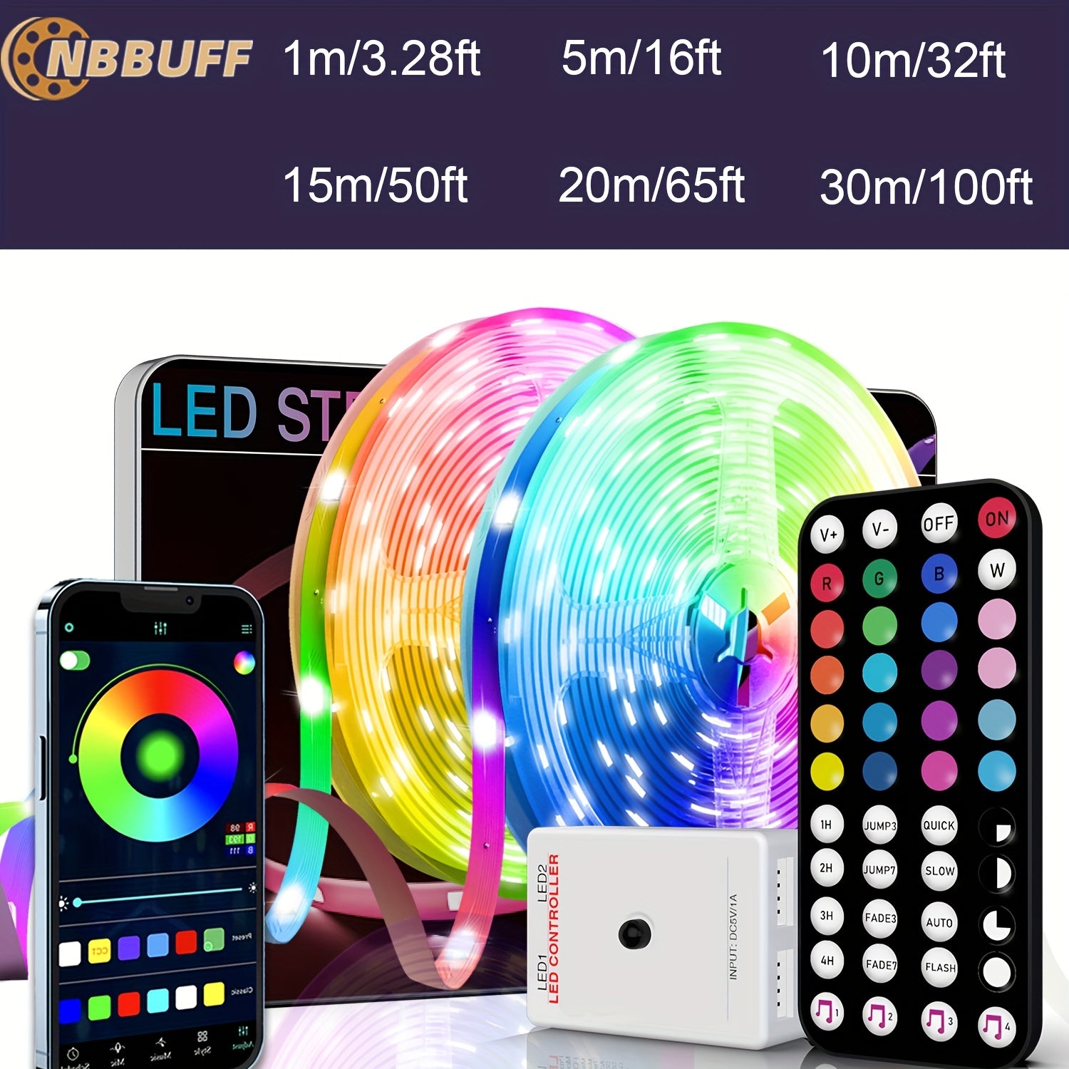 智能LED灯，3.28英尺-100英尺智能APP控制音乐同步变色灯带，带遥控和定时，亮度可调，适用于卧室、客厅、厨房、派对装饰、墙面节日装饰