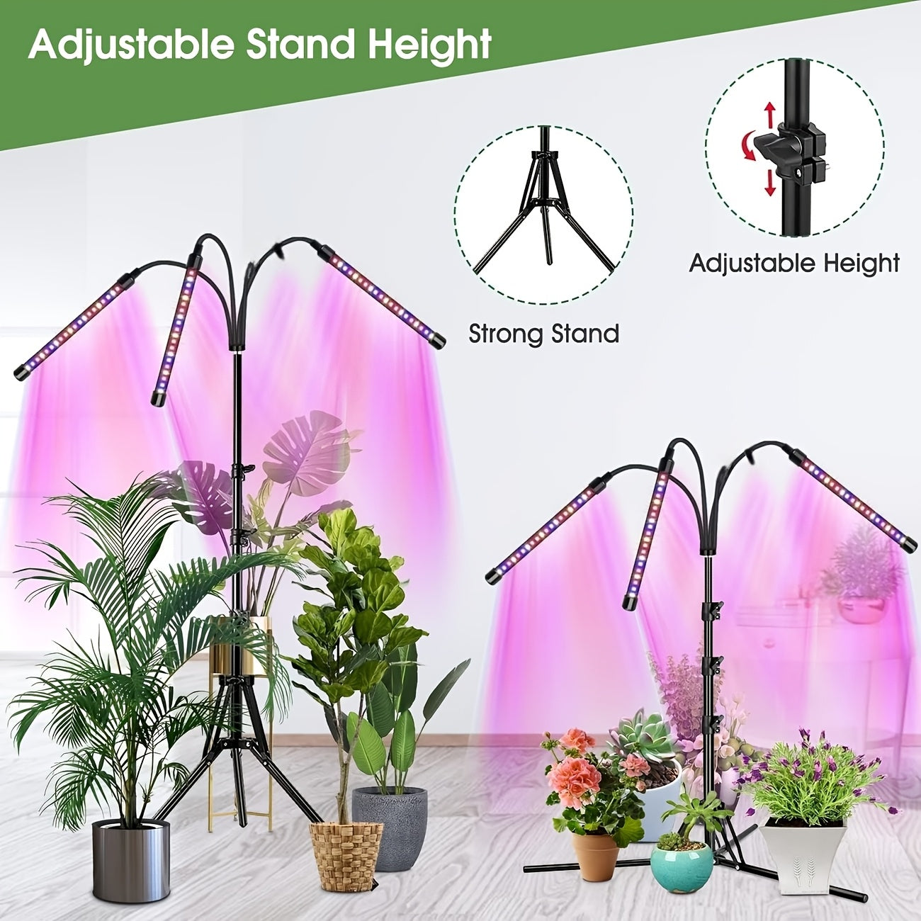 Adjustable Height Tripod 3-Head Plant Grow Light, High Lumen Output, Powered Design with Timer & Brightness Control, Full Spectrum Floor Standing Grow Lamp, Perfect for Small Plants, Vegetables and Fruits