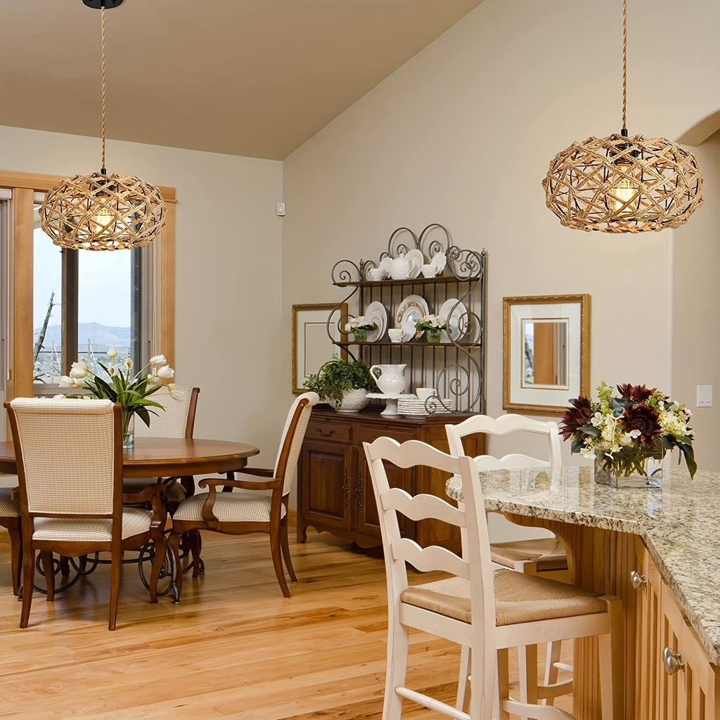 Handwoven Rattan Pendant Light with Jute Rope Woven Shade – Bohemian Rustic Rattan Hanging Lamp, Adjustable Hanging Rope and E26 Socket (Bulb Sold Separately), Suitable for Coastal Farmhouse Bohemian Style Ceiling Light Fixture