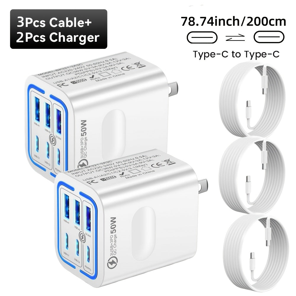 50W Type-C Fast Charging Mobile Phone Charger with C-C Cable | 6-Port PD USB C + QC 3.0 Multi-Port Wall-Mounted Multi-Device Fast Charging Plug, Portable and Compact, Compatible with for iphone 17/16/15/14/13/12 Pro Max, iPad, Galaxy, Xiaomi