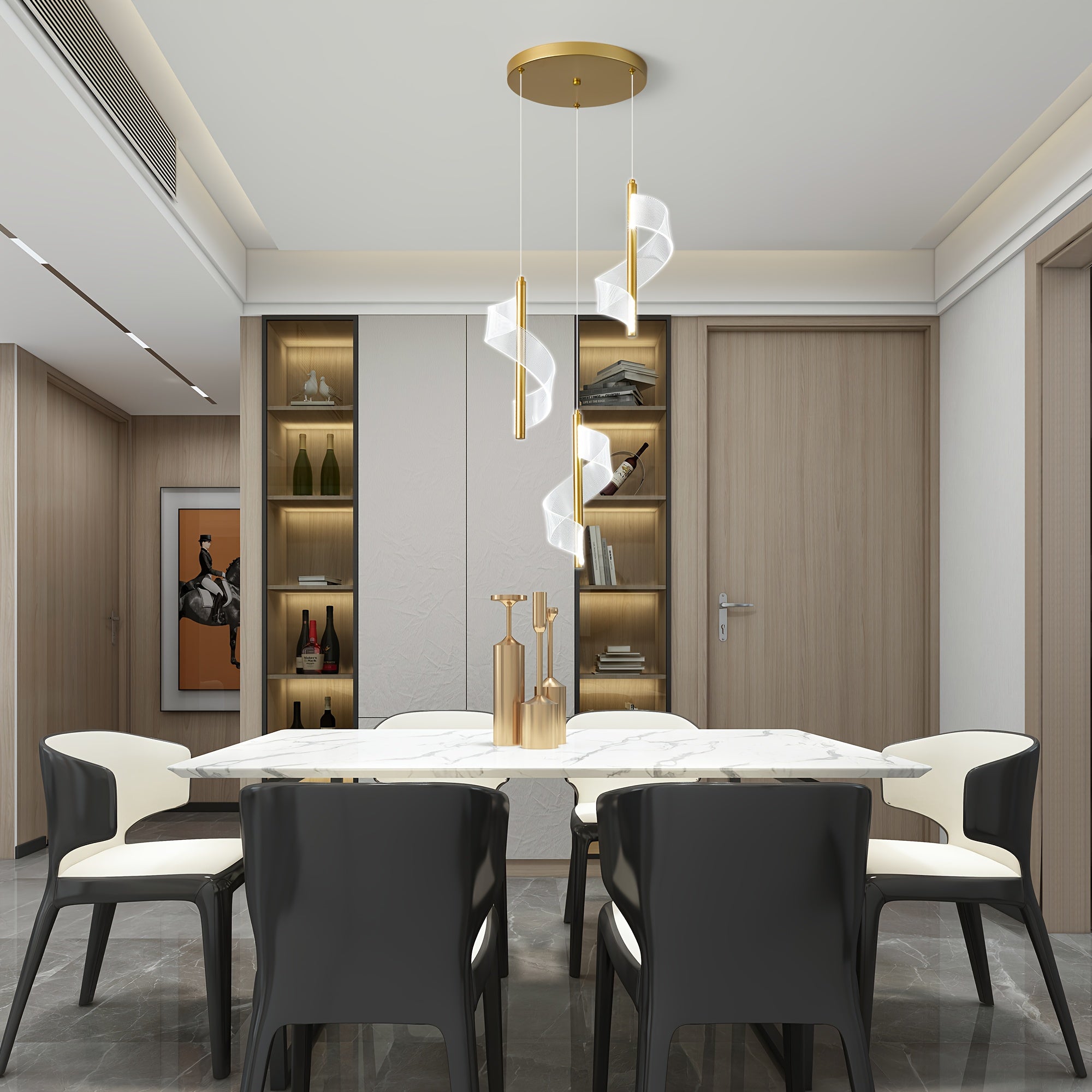 Ganeed modern ceiling gold pendant light, LED 6000K cool white 3-light pendant light, 18W height-adjustable semi-flush mount pendant lighting fixture, suitable for kitchen island, dining table, living room