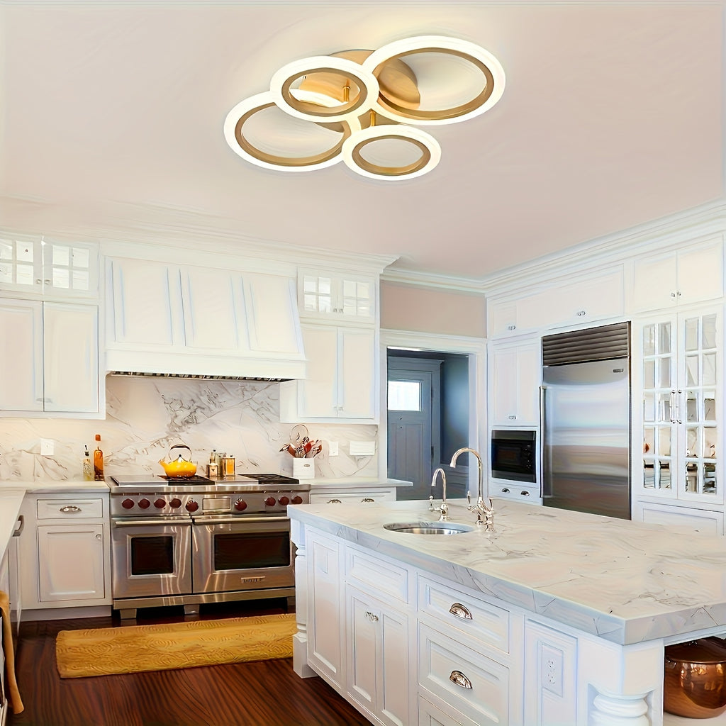1pc-4 ring LED ceiling light, modern LED ceiling fixture, warm light, metal ceiling mount with detachable clips, suitable for kitchen, bedroom, living room, laundry room - mounting hardware included