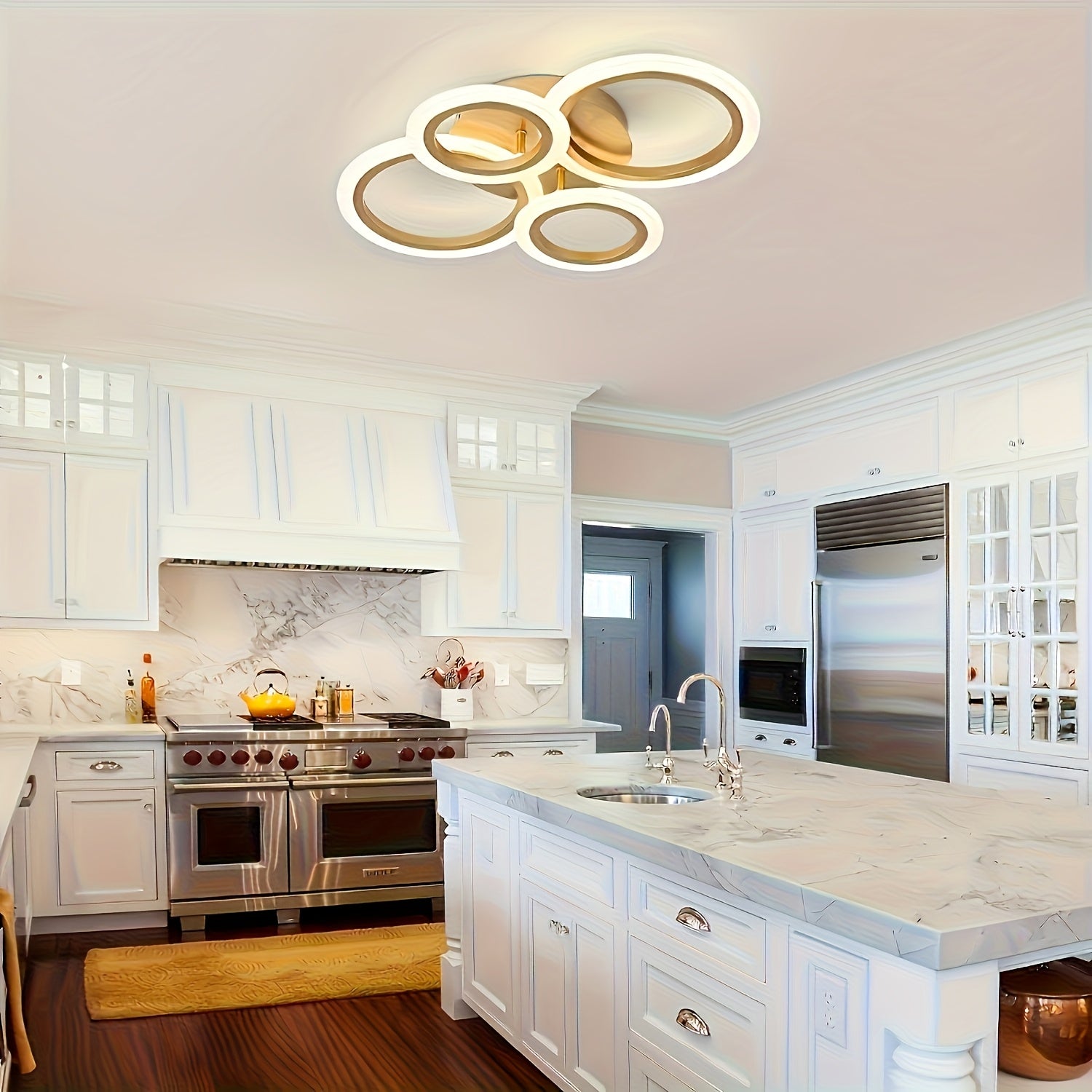 1pc-4 ring LED ceiling light, modern LED ceiling fixture, warm light, metal ceiling mount with detachable clips, suitable for kitchen, bedroom, living room, laundry room - mounting hardware included