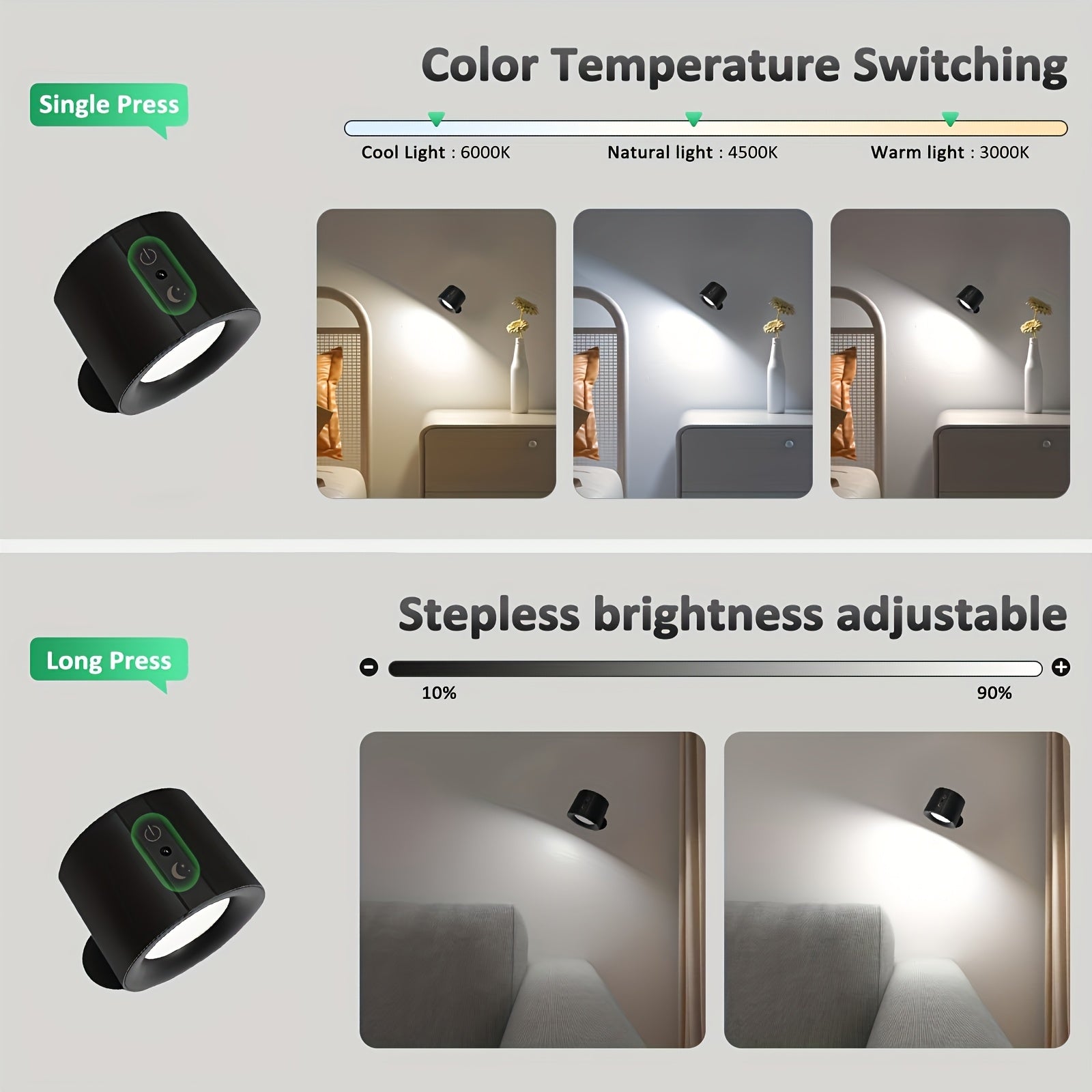 1 Set Smart Rechargeable Wall Light, Adjustable Brightness, Easy Installation, 3 Light Modes (White Light, Warm Light, Mixed White & Warm Light), Dual-Head Lighting Design, Suitable for Bedroom, Living Room, Bathroom, Study