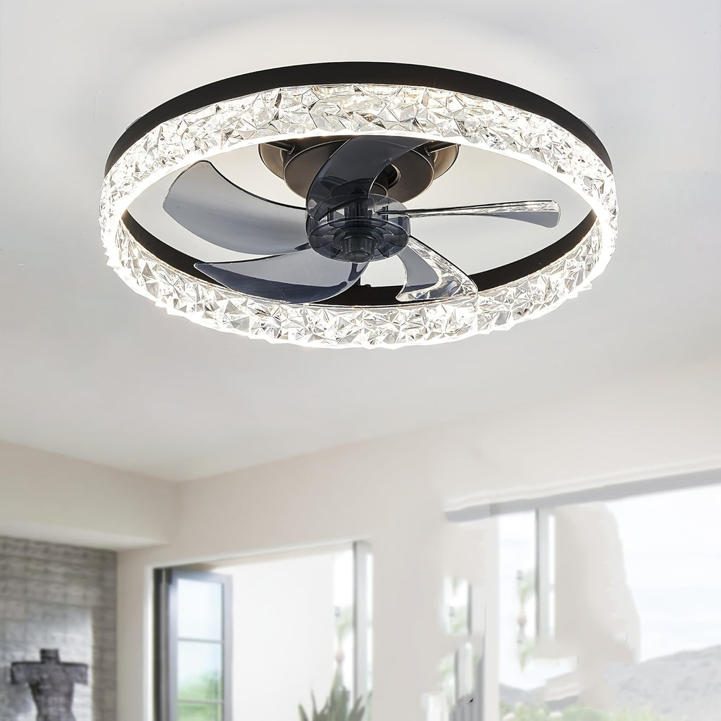 Low Profile Ceiling Fan with Light and Remote Control, Fandelier 19.7 Inch Semi-Flush Mount, 3000K-6500K Smart Bladeless LED, Black Modern Bedroom Ceiling Fan, Acrylic Lampshade, Hardwired, Remote Control