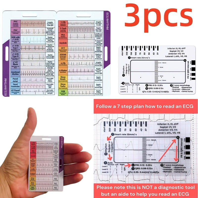3件套装便携式心电图节律口袋卡 -耐用套装 防水耐用 PVC 医学学习工具，彩色心跳图表可快速识别节奏，非常适合学生和专业人士，心电图解释