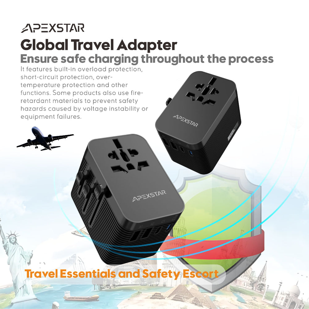 Apexstar Global Travel Adapter: A Must-Have for Travel Charging with PD & QC 3.0 Dual USB-C And 2 USB Travel Ports/ Multi-Country Compatible with Overload, Short-Circuit & Over-Temperature Protection/ Multiple Safety Features for Worry-Free Charging