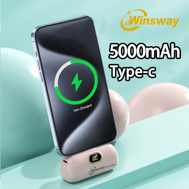 Winsway 5000mAh Type-C Mini Power Bank, LED Digital Display Screen, Lipstick Size Portable, Upgraded Interface Anti Shake And Not Easy To Fall Off, Used For Phone 17/16/15/Android Phones To Give Girlfriends High-end And Exquisite Items
