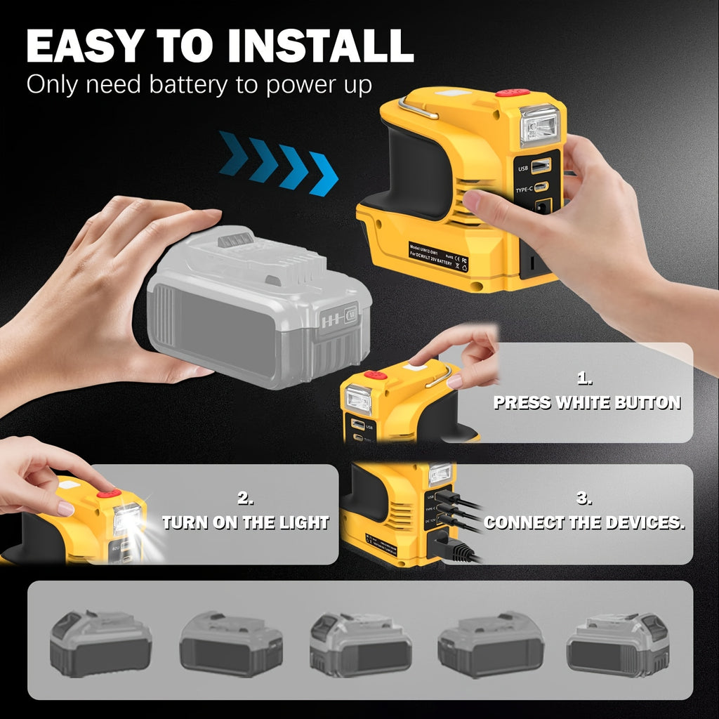 220W电源逆变器，for Dewalt 20V电池，直流20V到交流110-120V电池逆变器，便携式发电站发电机，充电器适配器电池供电插座，USB端口和c型和交流插座