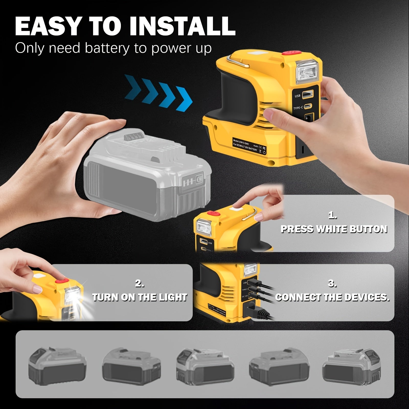 220W电源逆变器，for Dewalt 20V电池，直流20V到交流110-120V电池逆变器，便携式发电站发电机，充电器适配器电池供电插座，USB端口和c型和交流插座