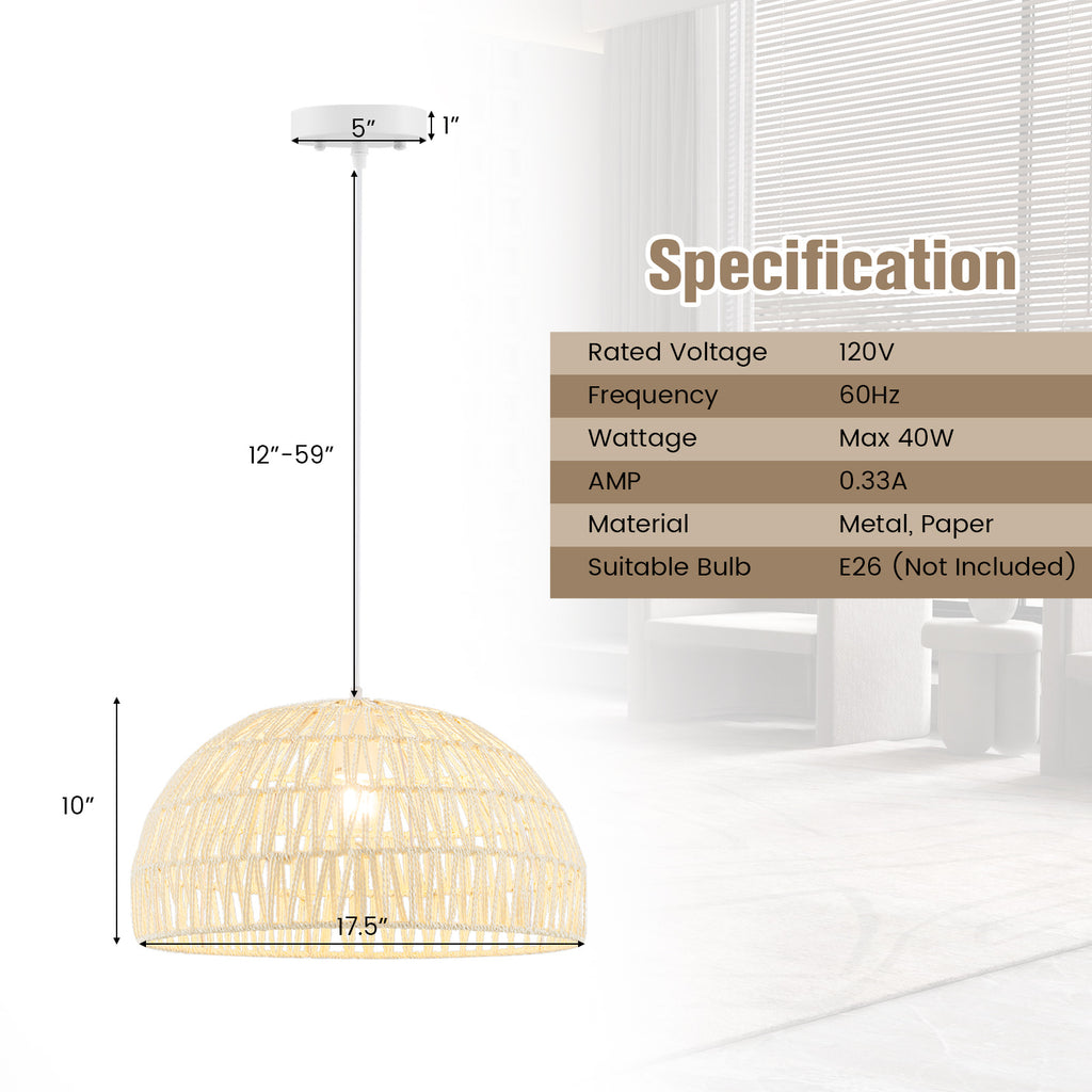 Paper Pendant Light, Dome Hanging Ceiling Light with Adjustable Hanging Cord, 17.5-Inch Decorative Pendant Light, Suitable for Kitchen Island, Dining Room, Bedroom, Foyer, Hallway, Beige