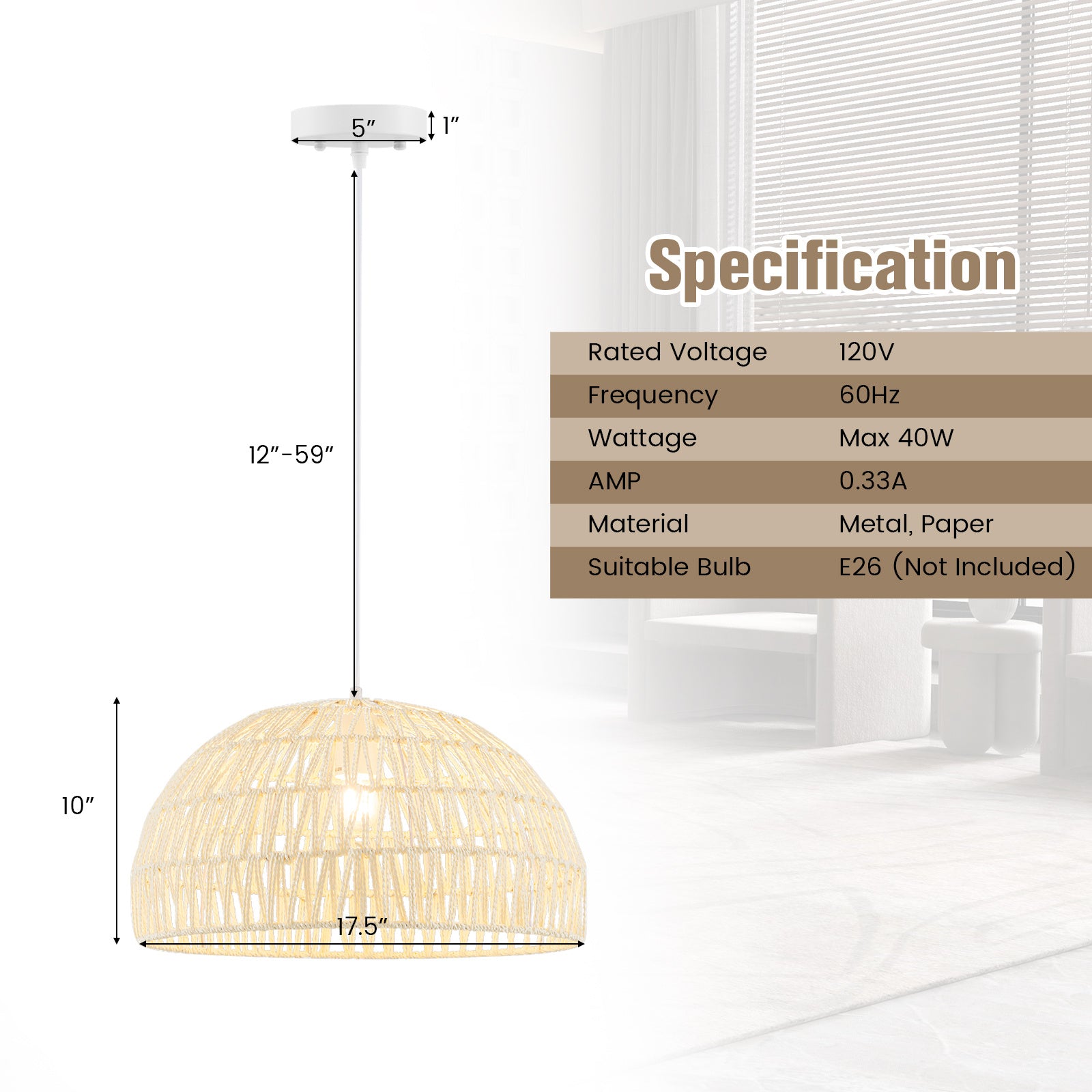 Paper Pendant Light, Dome Hanging Ceiling Light with Adjustable Hanging Cord, 17.5-Inch Decorative Pendant Light, Suitable for Kitchen Island, Dining Room, Bedroom, Foyer, Hallway, Beige