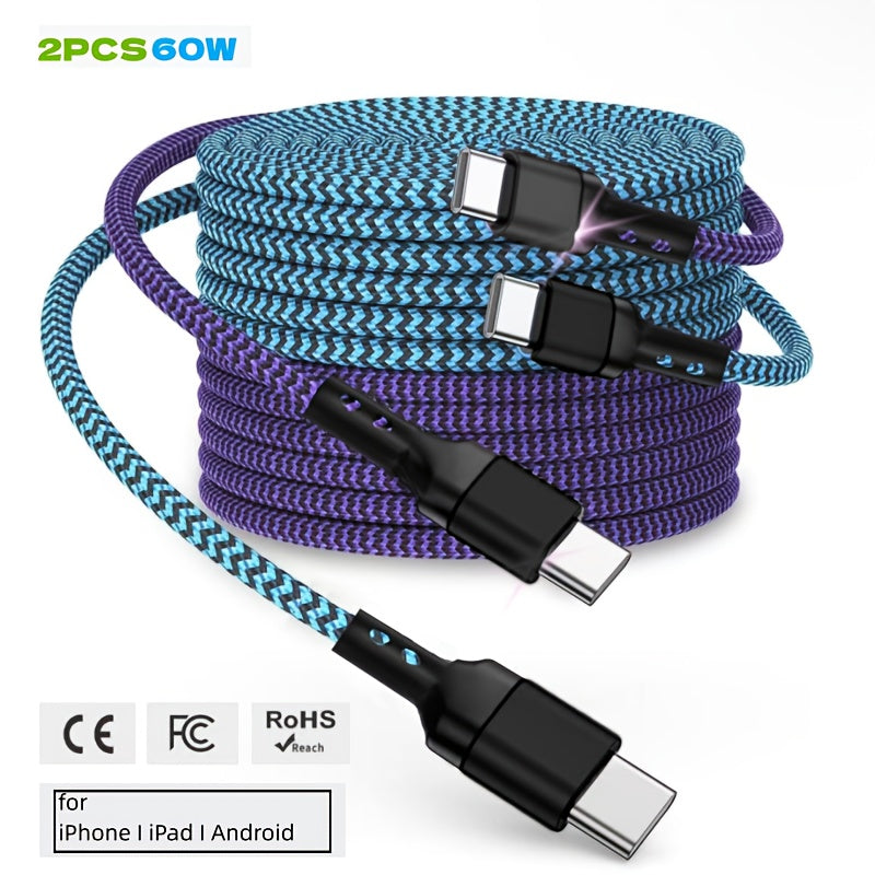 A Set of Two 60W Super Fast Charging Type C to Type C Data Cables, Suitable for Devices Like Samsung, Iphone 15/16, Macbook/Ipad, Xiaomi, And More