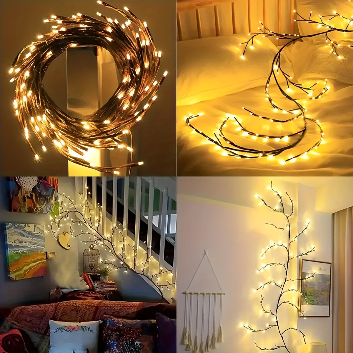 1PC/2PCS 48LEDS/ 72LEDS/96 LEDS/144LEDS 可弯曲柳条藤蔓灯，白桦树灯，8种模式人造植物藤条装饰灯，家居氛围灯，派个节日装饰灯，圣诞母亲节感恩节完美礼物