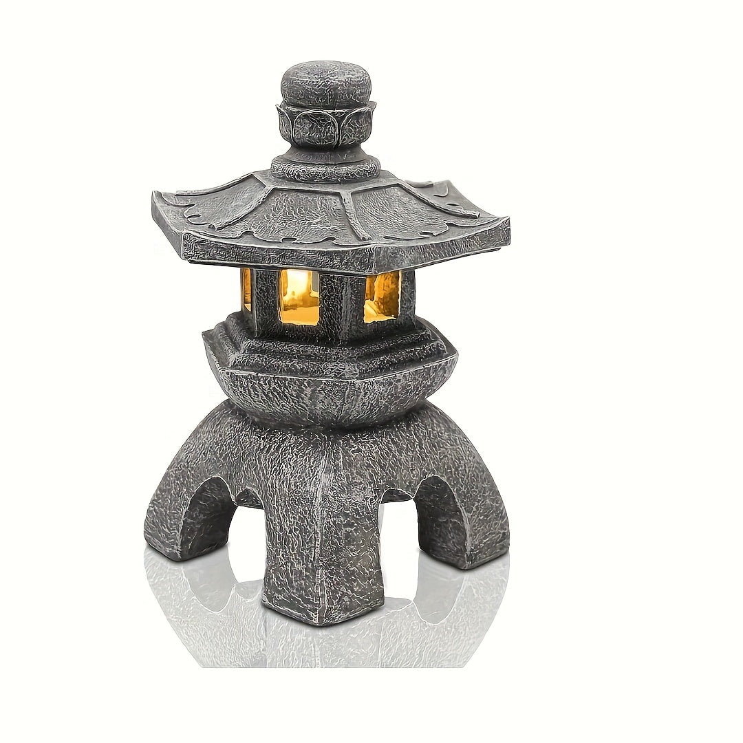 Garden Solar Glazed Pagoda Lamp Statue, Suitable for Indoor and Outdoor Use, Perfect for Adding a Touch of Zen Asian Style to Your Landscape, Balcony, Garden, Patio or Porch. Made of Polyester Resin with Grey Stone Base