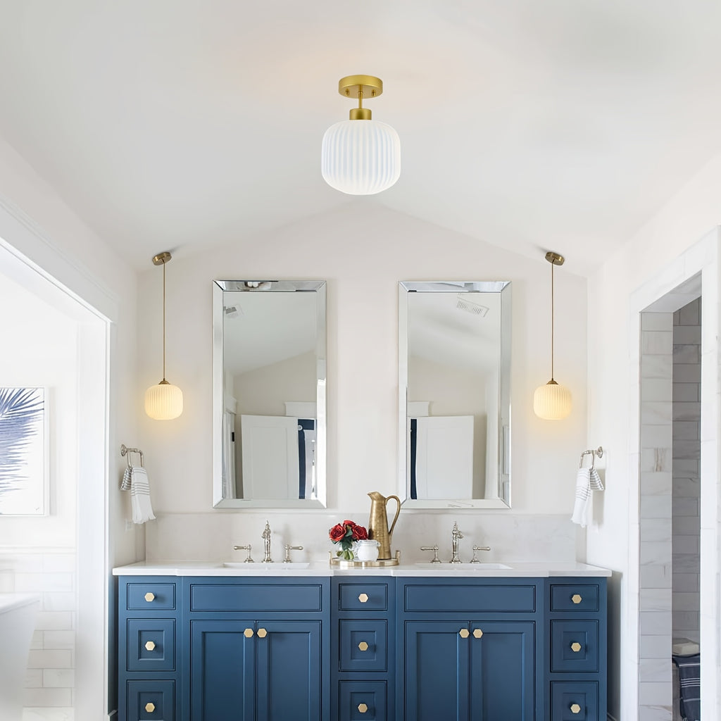 Vintage semi-flush mount ceiling light, lighting milk glass ceiling light fixture, gold and white flush mount ceiling light brass globe ceiling light frosted glass semi-flush ceiling, suitable for farmhouse, kitchen island, hallway