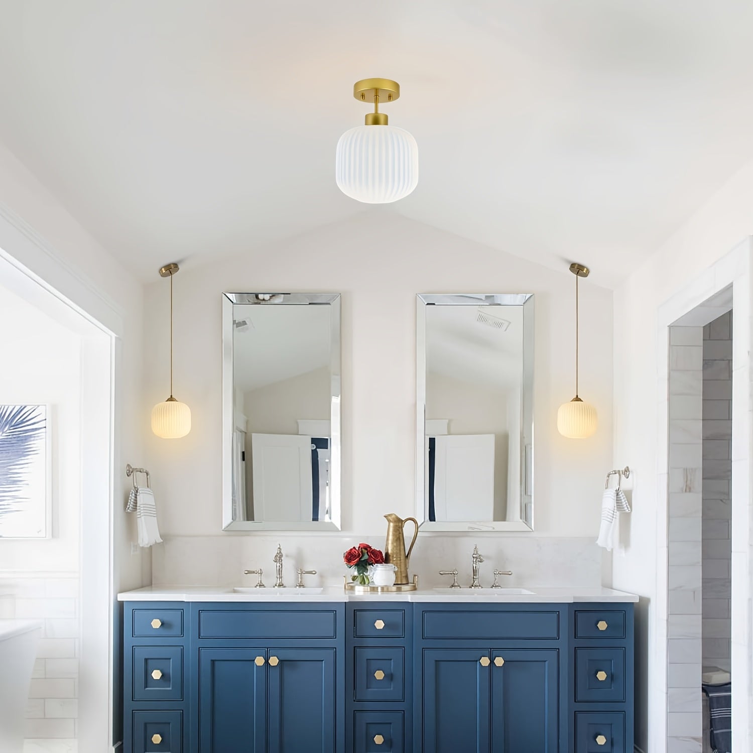 Vintage semi-flush mount ceiling light, lighting milk glass ceiling light fixture, gold and white flush mount ceiling light brass globe ceiling light frosted glass semi-flush ceiling, suitable for farmhouse, kitchen island, hallway