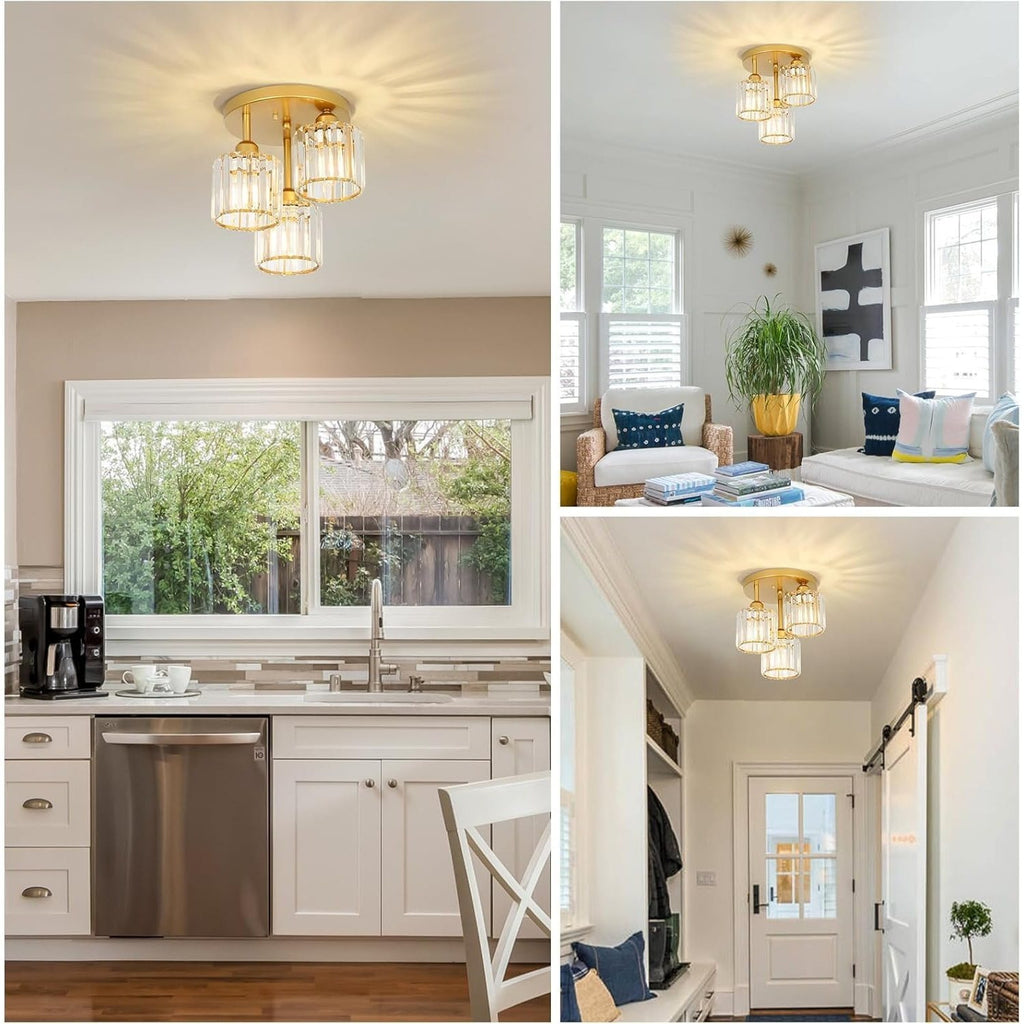 Modern Semi-Flush Mount Ceiling Light, Crystal 3-Head Kitchen Light, Hallway Pendant Light, Indoor Flush Mount Light, Suitable for Bedroom, Foyer, Entryway, Kitchen